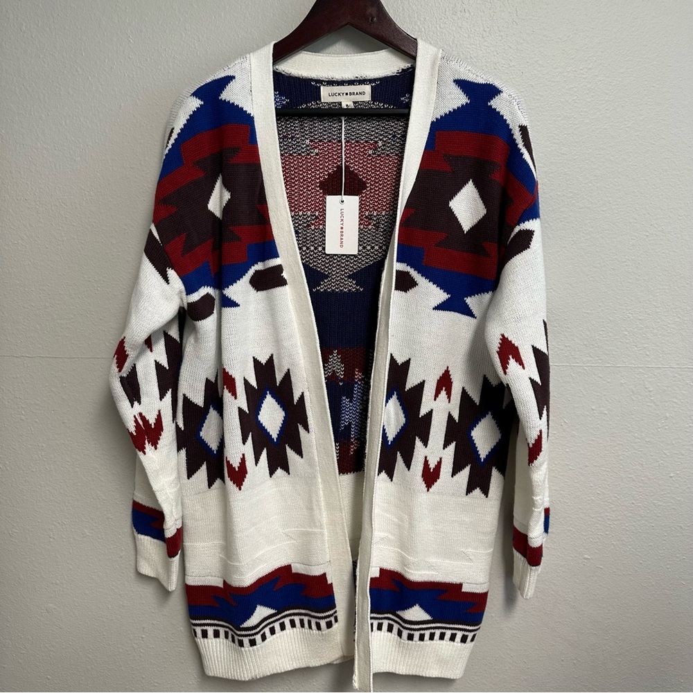 NWT Lucky Brand Womens M Aztec Navajo Geometric Open Front Cardigan Southwestern